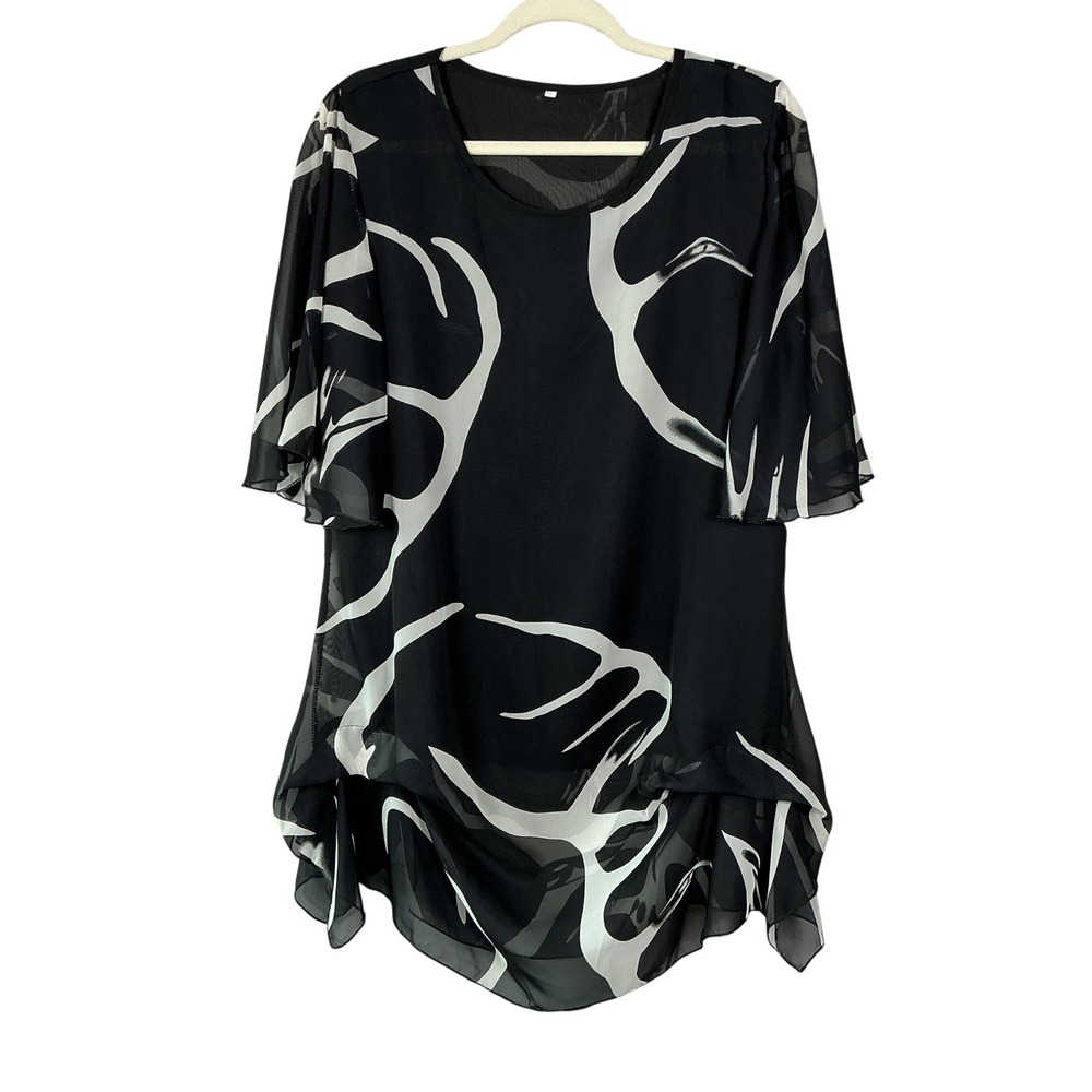 Black White Abstract Antler Print Chiffon Flutter Sleeve Tiered Tunic Top L